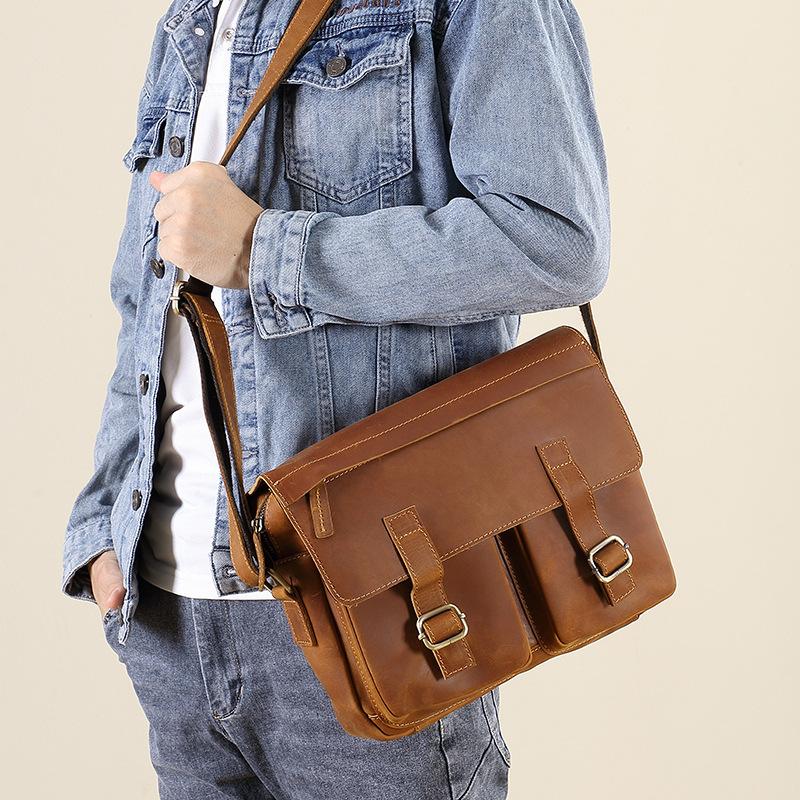 Men's Crossbody Bag, Crazy Horse Leather Single Shoulder Men's Bag, Large Capacity Personalized Mailman's Bag, Layered Cow Casual Retro Bag