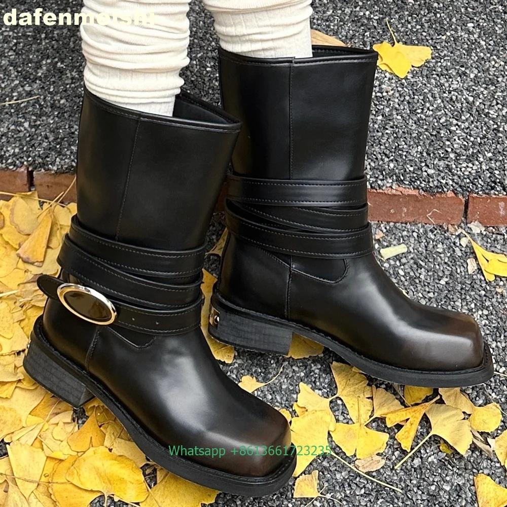 Fashion 2025 New Woman Knight Boots Ankle Straps Metal Buckle Square Toe High Boots Thick Heel Platform Western Cowboy Boots