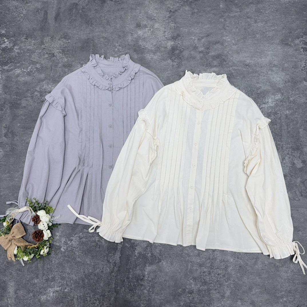 

Johnature Рубашка с отделкой грибками Ретро Прессованная Плиссированная Рубашка на шнуровке Весенние Рубашки из японского хлопка One Size бежевый