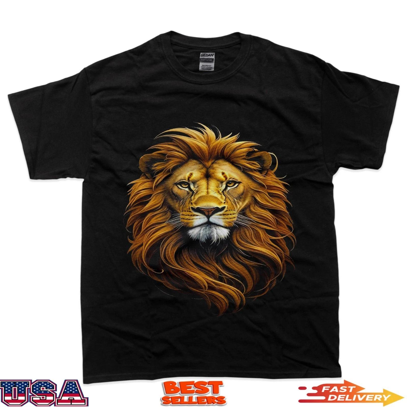 Футболка с изображением головы льва и золотой гривой, дикое животное M
