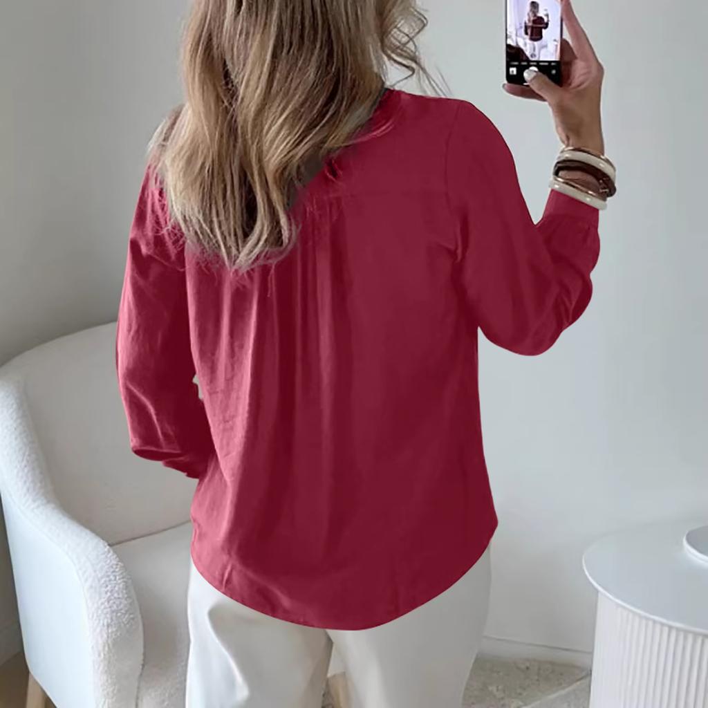 Women's Casual Loose-Fit V-Neck Button-Up Long-Sleeve Blouse With Flounce Collar