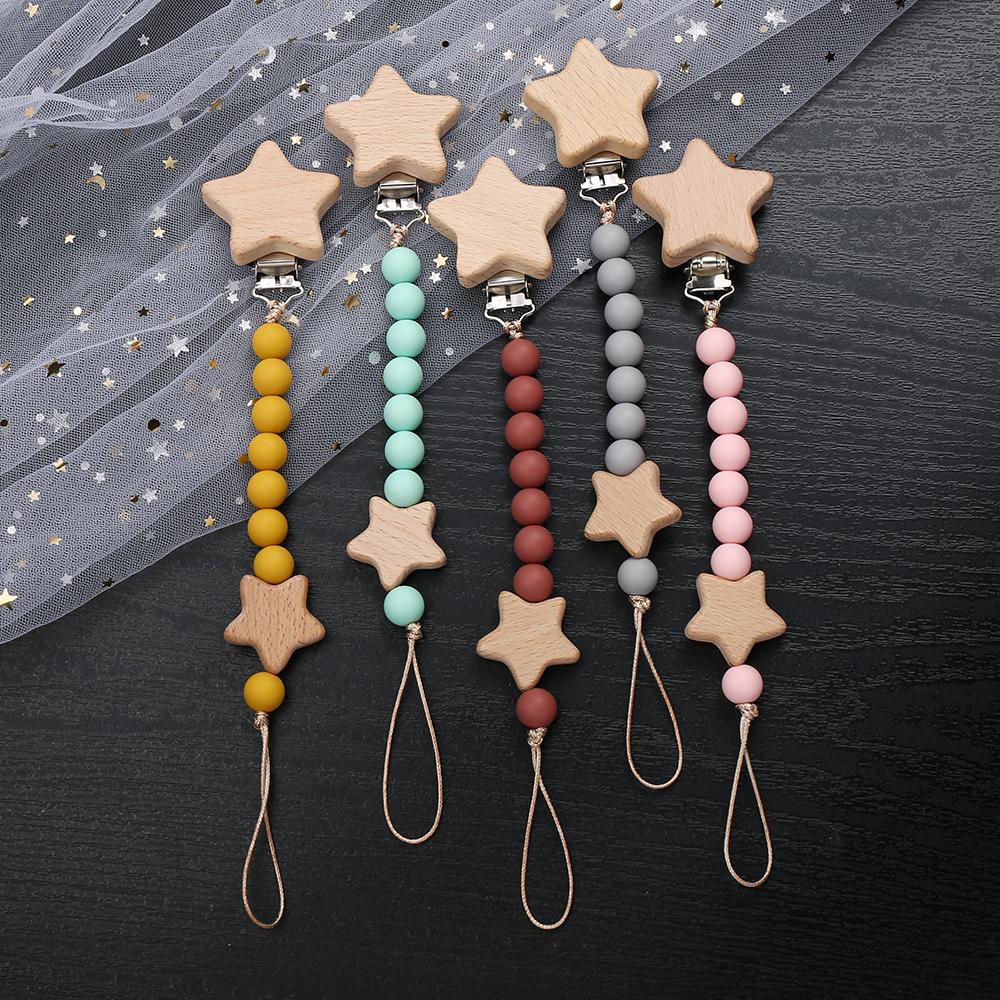 3Pcs Beech Wooden Star Pacifier Baby Pacifier Clip Nipple Holder Dummy Holder Pacifier Clip for Baby Nursing Toys Accessory