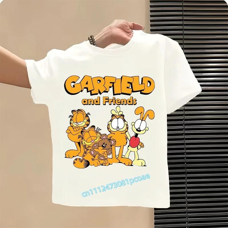 Garfield's new children's pure polyester short-sleeved boys' sports shirt, girls' casual top with cartoon print, summer T-shirt