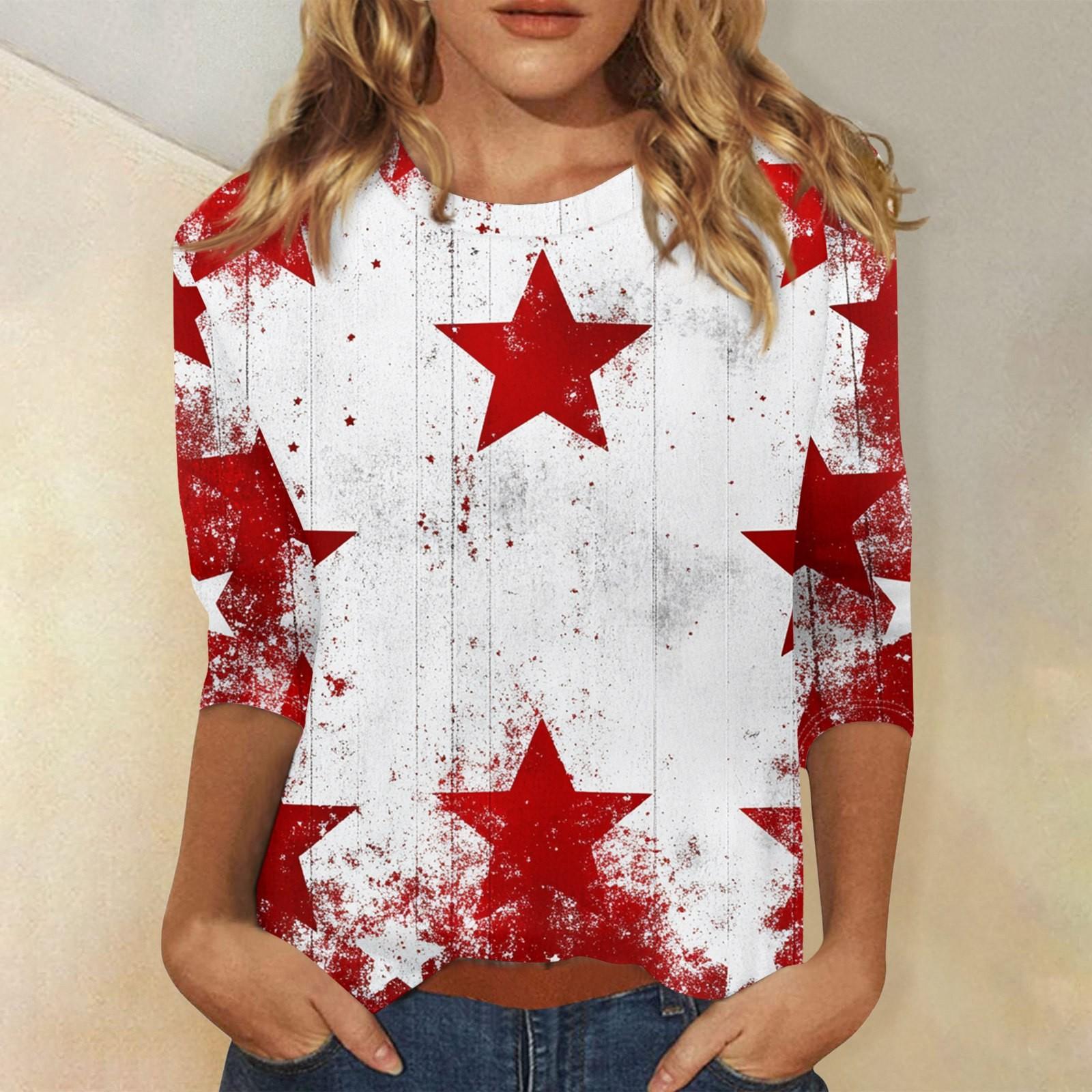 

Женская мода, повседневная свободная футболка с принтом на День независимости и круглым вырезом, рукав 3/4, женский топ XL белый