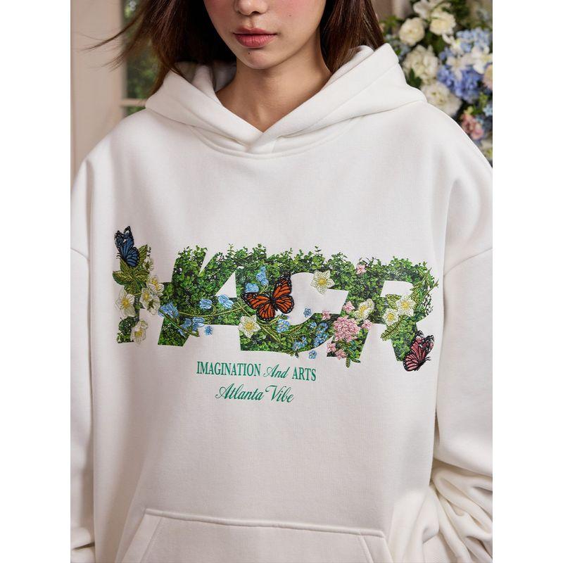 HACR Plant Harshandcruel Green Plant Embroider Florals Butterfly Couple Loose Fleece Hooded Sweater