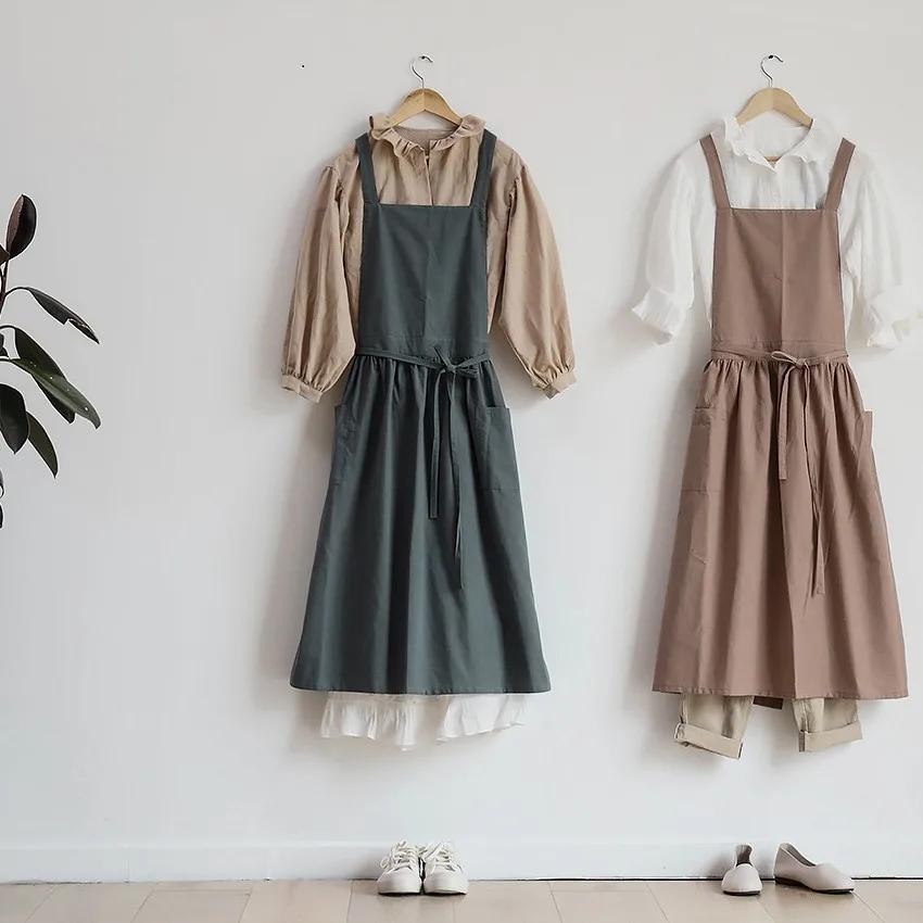 Brief Nordic Wind Pleated Skirt Cotton Linen Apron Women Girls Vintage Apron Gardening Works Cross Back Pinafore Dress