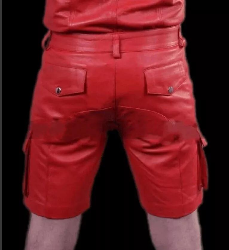 Lambskin Sports Casual Stylish Red 100%Men Gym Short Leather Pants Boxer Genuine