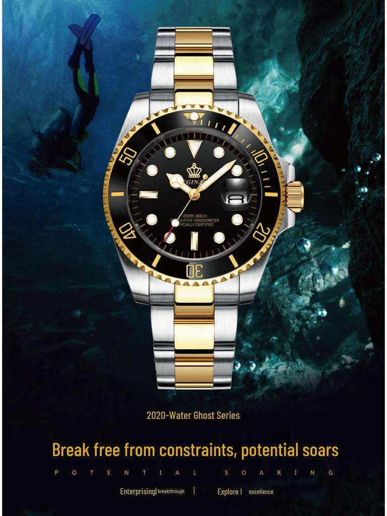 Men's Green Submariner Quartz Sport Watch, Steel Band, Date Feature, Luminous, Waterproof, Student, Rotating Bezel.