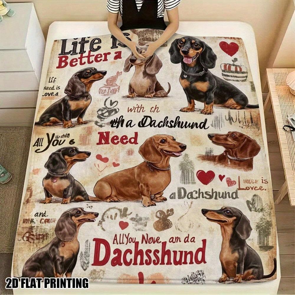Vintage Retro Dachshund Dog Art Print Throw Blanket Soft Flannel Warm Blanket Dog Quote Heart Pattern Sofa Bed Pet Gift