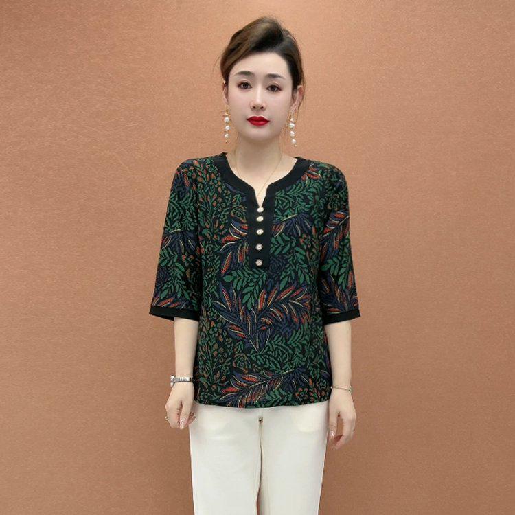 Elegant Women s Plus Size Printed Seven-Sleeve Top 3XL (105-120 jin)