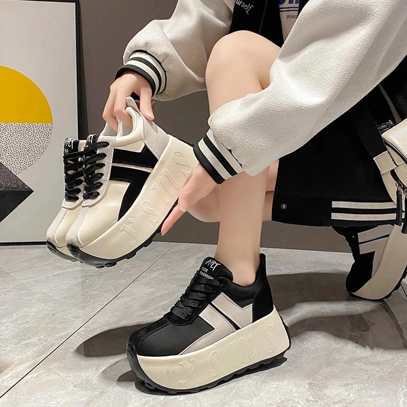 Fashion Women Casual Sports Shoes 7.5CM Heels High Platform Sneakers Wedge Height Increase Footwear Leather White Comfy Chunky Sneakers