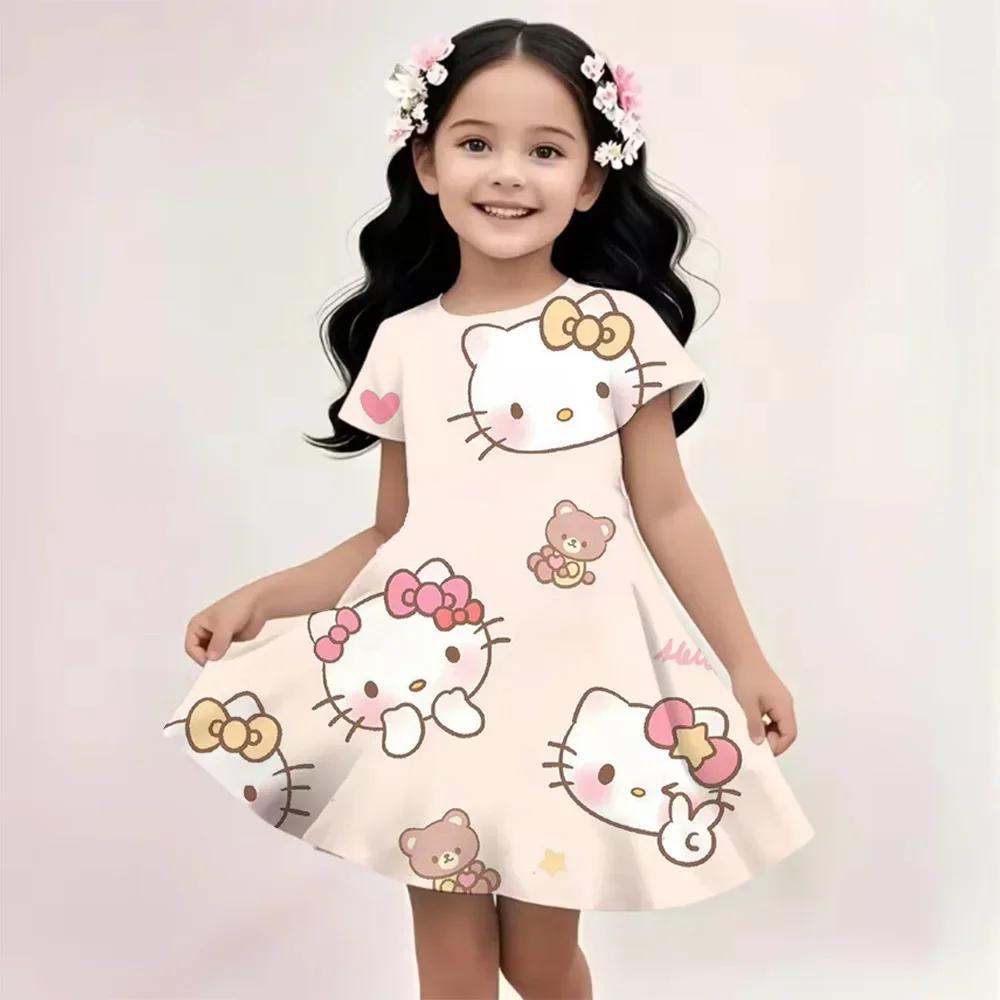 2025 Summer Girls Dress Fashion Cartoon Cute Cinnamoroll &Hello Kitty 3D Printing Dresses Kids Short Sleeve Princess Clothing