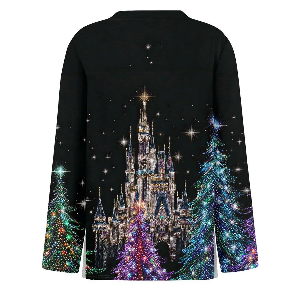 אופנה נשים מזדמן שסע מכפלת עגול צוואר ארוך שרוול ארוך מודפס חולצת טריקו גבירותיי נשים