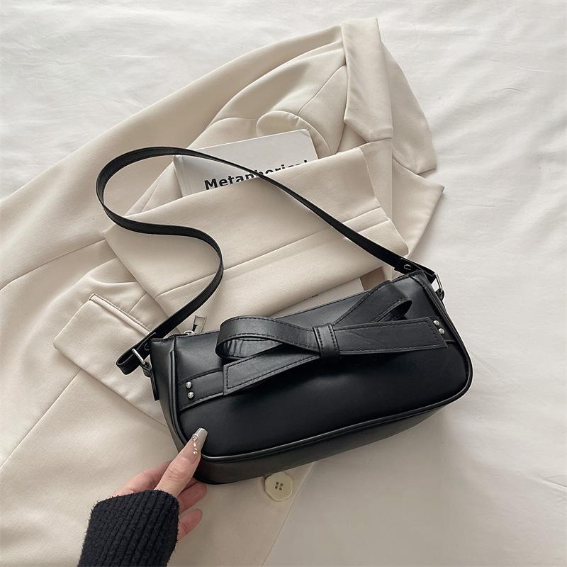 

Vintage Bow Square Shoulder Bags for Women Versatile Solid Color Ladies Pu Underarm Bag Simple Female Phe Handbags Purse чёрный