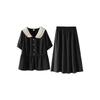 Plus size women clothing [French style Advanced Sense Set] Summer Chubby Girl Contrast Color Double Layer Lapel Short sleeve Top Skirt