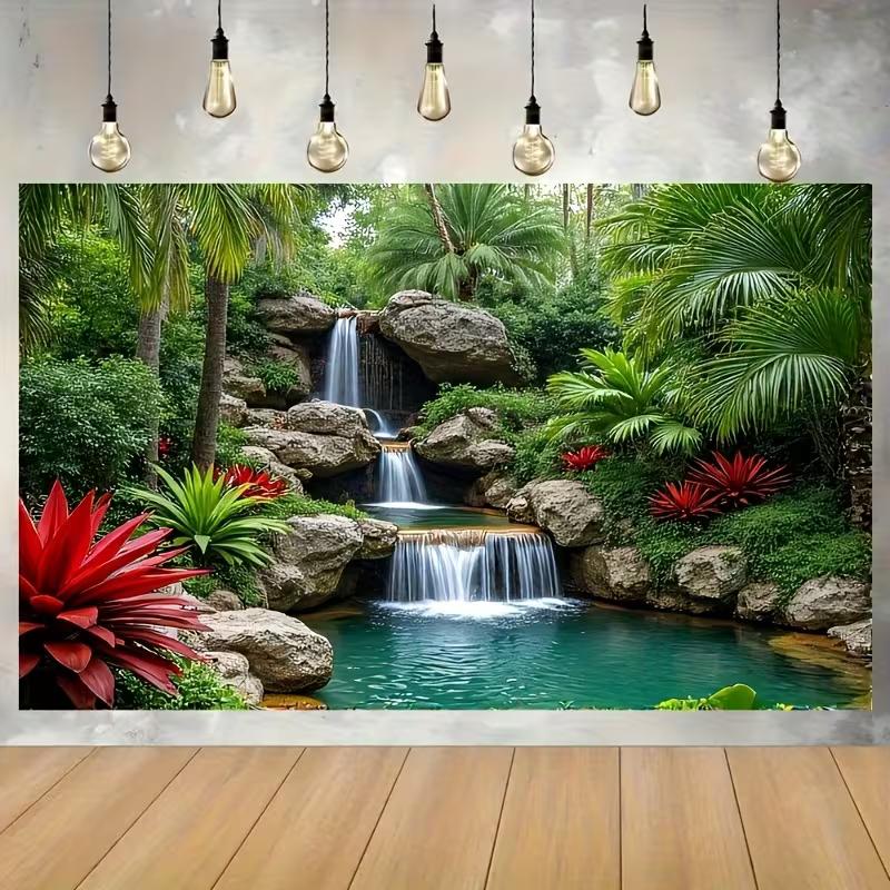 2D Türkisfarbener Pool Wasserfall Wandteppich Tropischer Regenwald Fotografie Hintergrund