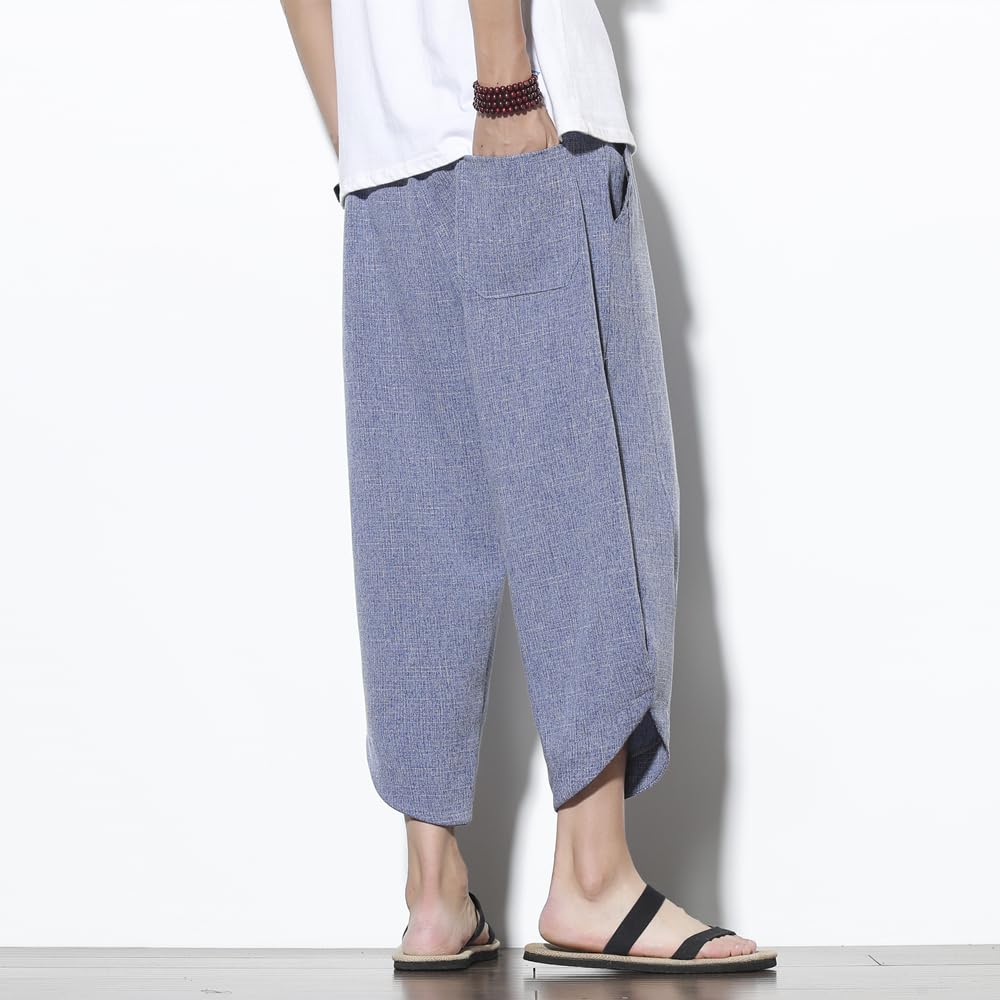 Aaronlive Summer Sarouel Aladdin Length Wide Leg Pants with Adjustable Loose Comfortable Linen Casual Pants for Spring and Size 3XL Men's Pants,