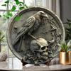 Crow Skeleton Welcome Sign Circular Aluminum Vintage Wall Art for Home Halloween Decor