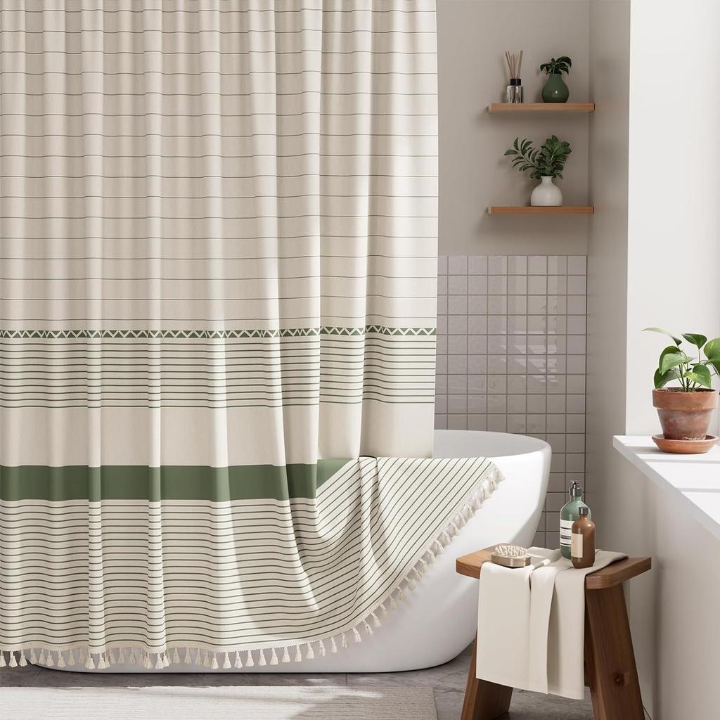 Simple Tassel Striped Bathroom Curtain – Printed Bamboo Joint Fabric, Privacy Shower Partition, Waterproof & Heavy Duty (Hooks Included)