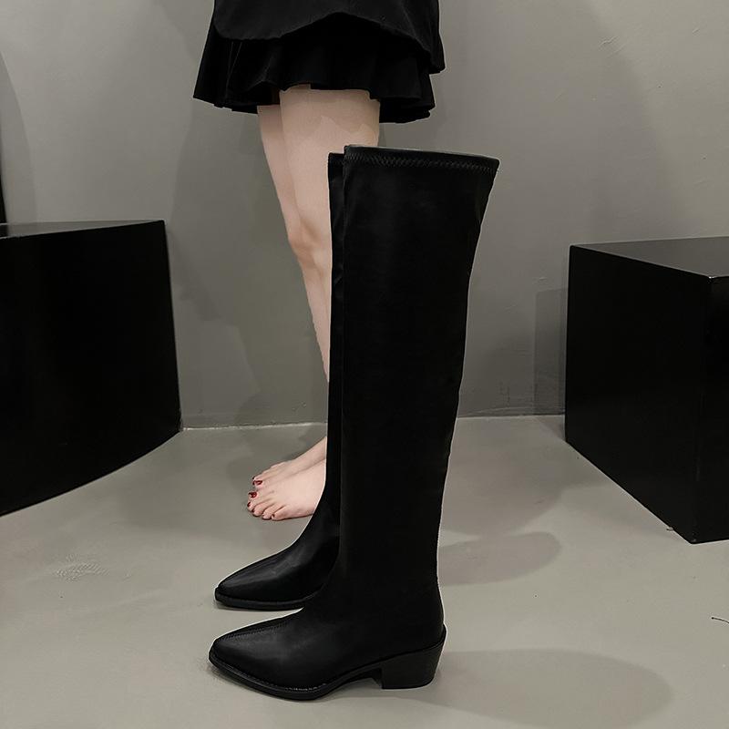 Knee high boots long boots children's autumn new square head high heel small slim elastic knight boots
