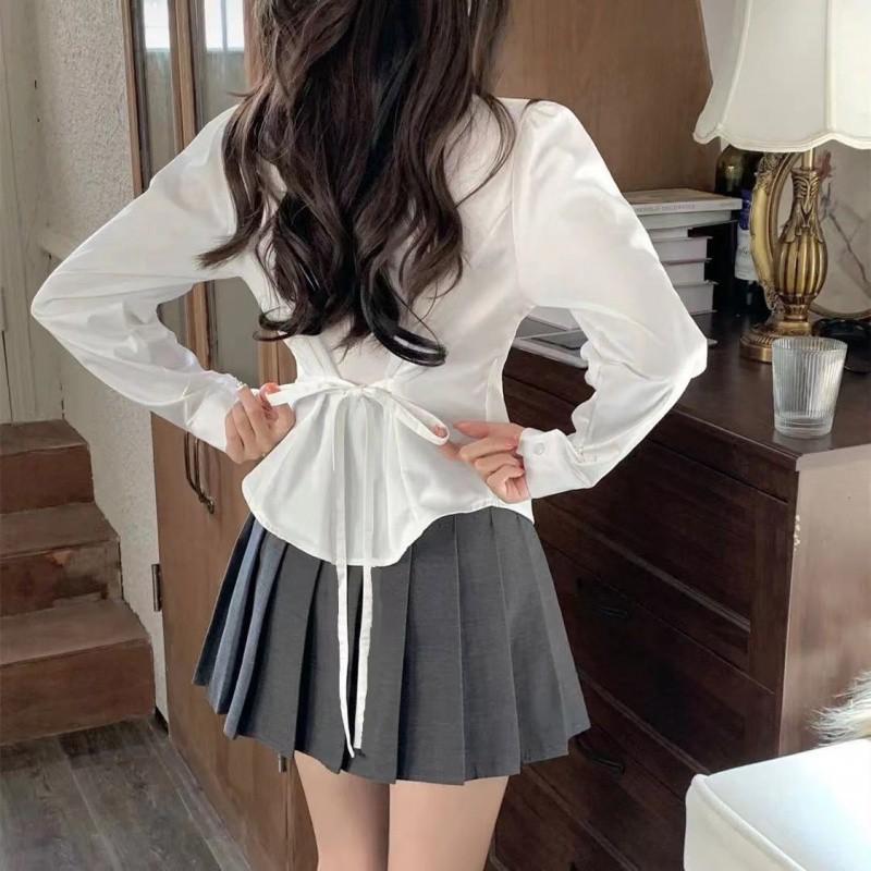 Sweet Spicy College Style Long Sleeved White Shirt Women Autumn Waist Cinching Slim Effect Uniform Shirt Unique Design and Chic Top