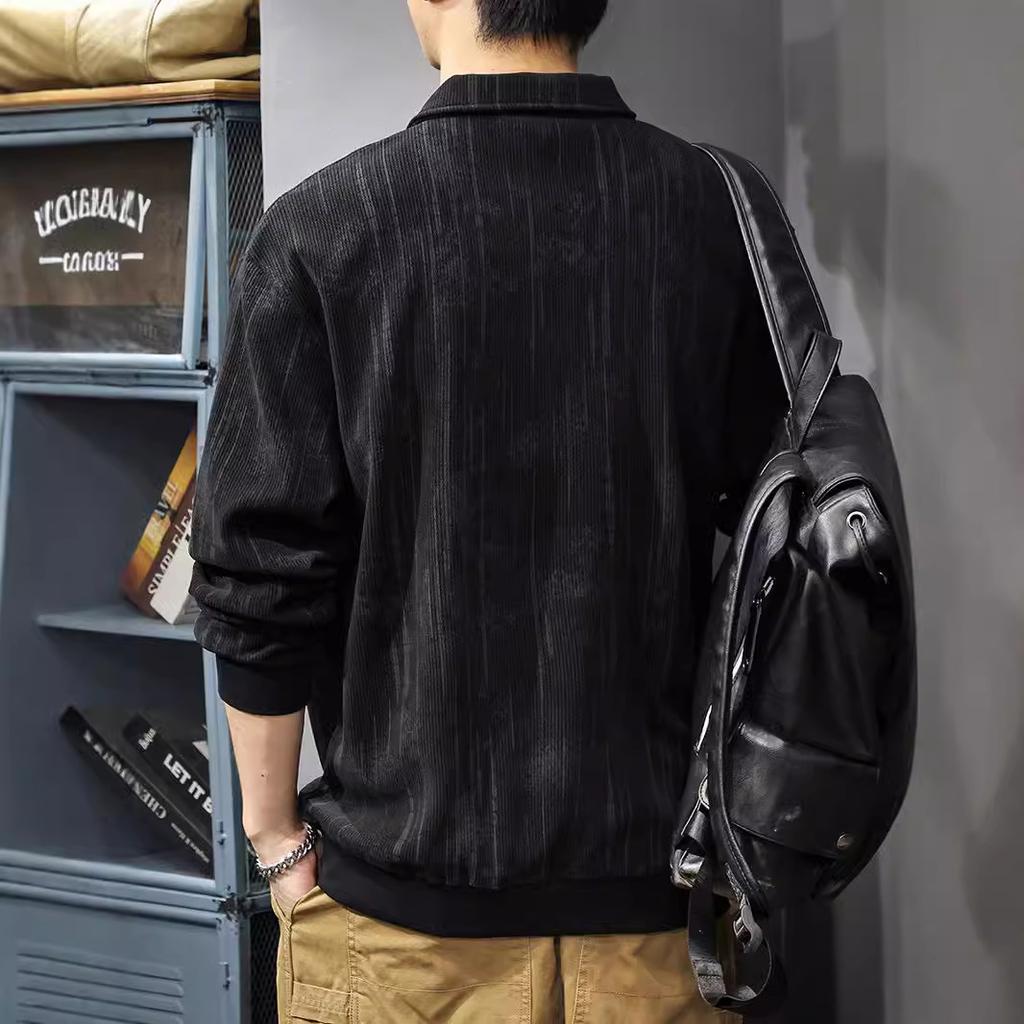 Spring And Autumn Texture Heavy Knitted Sweater Men'S American Printed Paul Shirt Autumn Loose Long Sleeve Polo Shirt