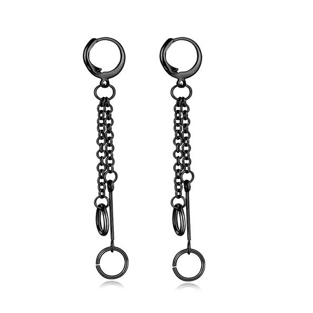 2pcs/set Black Or Silvery Unisex Punk Stainless Steel Cross Cone Feather Chain Pendant Hoop Earrings Ear Stud Jewelry Set