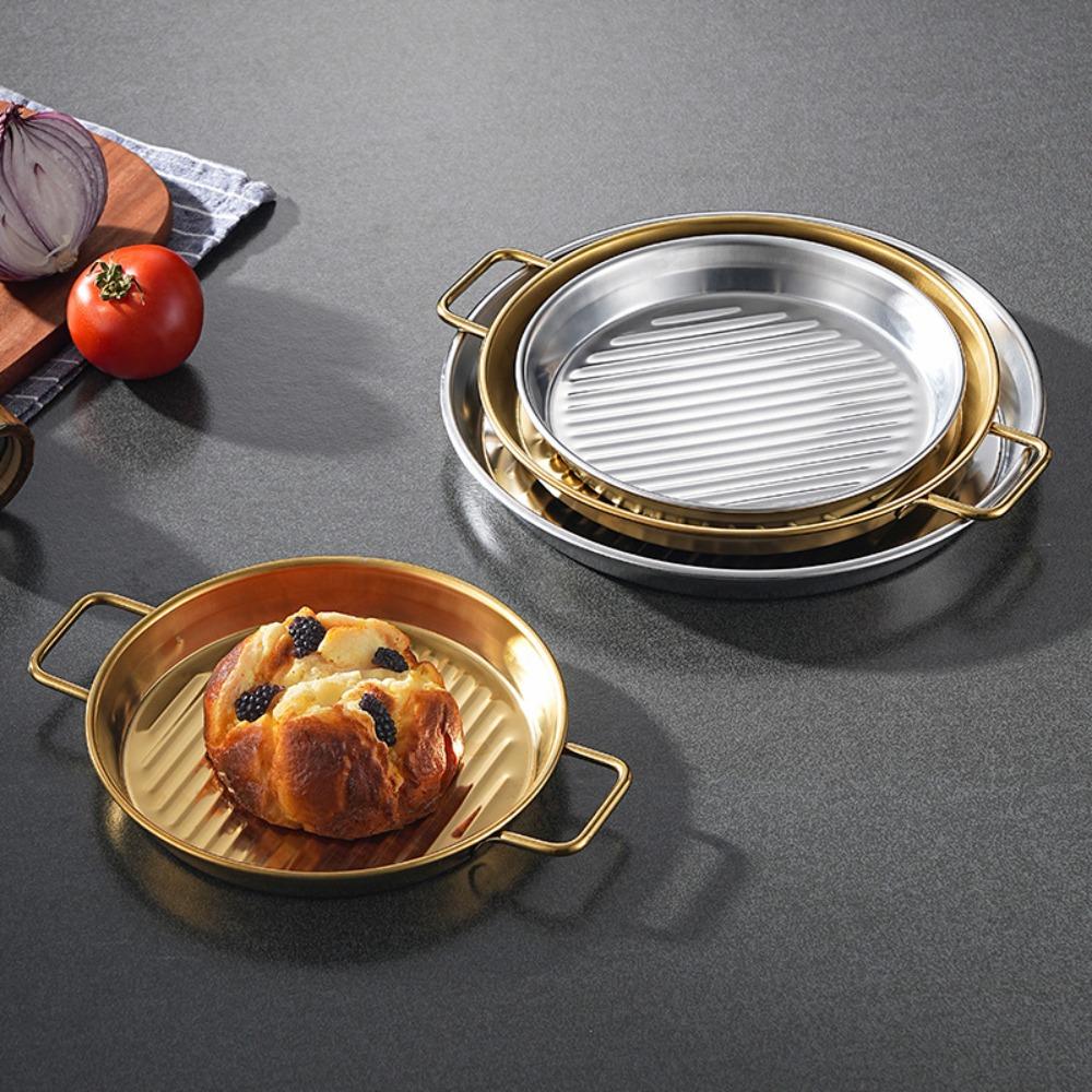 

Stainless Steel Fried Chicken Tray Binaural Handle Food Serving Plate Drain Pan Pizza Pan Salads S-Gold with Handle