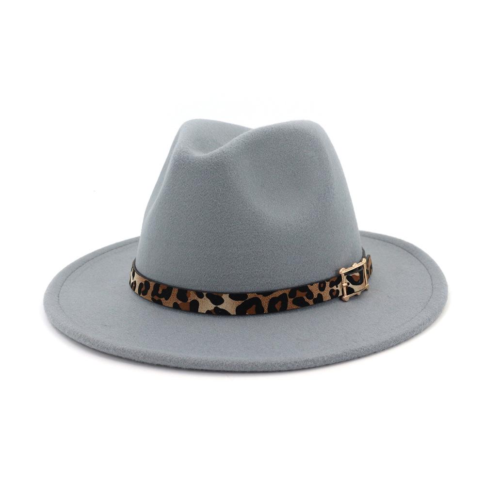 19 Color Women'S Wide Brim Felt Fedora Panama Hat With Leopard Belt Buckle Party Trilby Cowboy Hat Fashion Jazz Cap