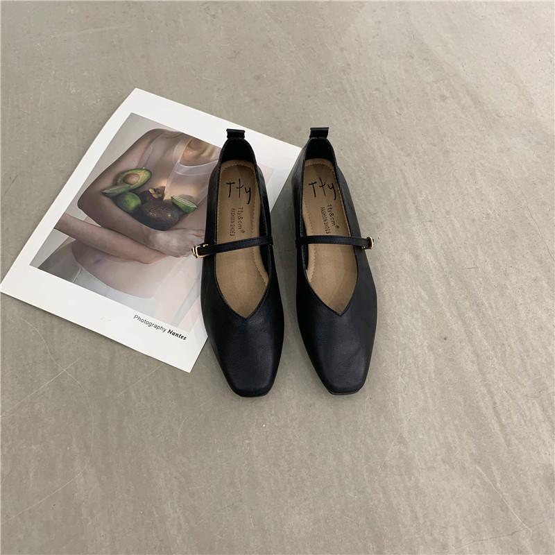 

2.5 см туфли Мэри Джейн из коровьей кожи женские на плоской подошве одинарные туфли квадратный носок V-образный вырез туфли бабушки мягкая кожа ретро маленькие ароматные одинарные туфли 33 чёрный