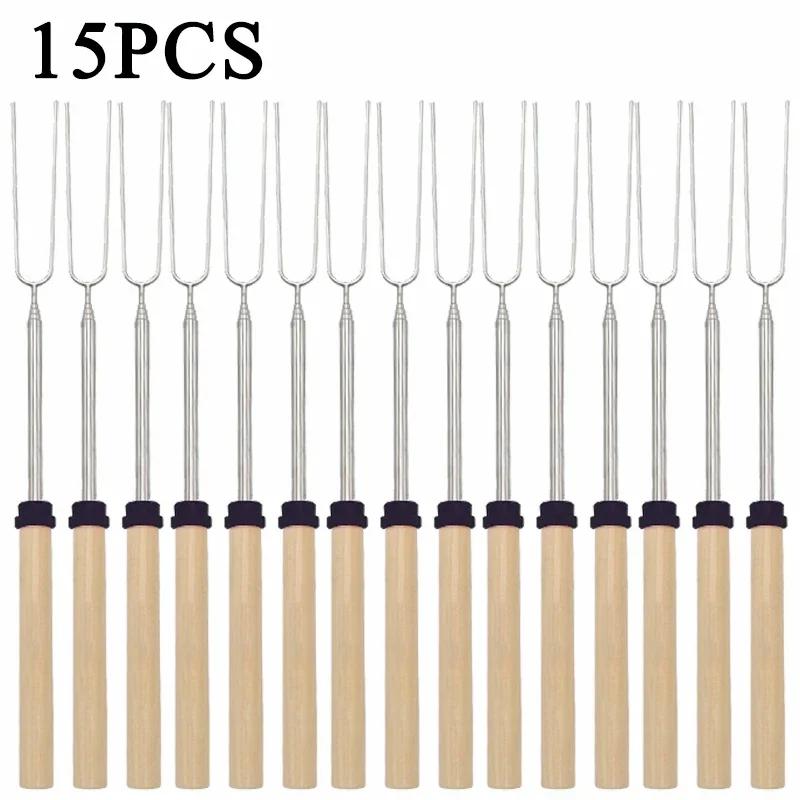 Telescoping Barbecue Fork Stainless Steel Double Metal Skewers Roasting Stick Smores Skewer for Hot Dog BBQ Picnic Camping