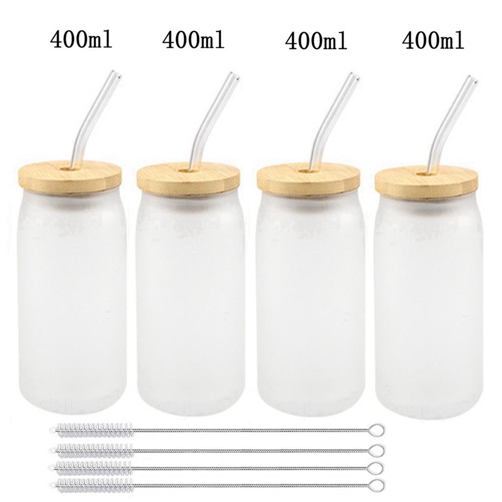 Straw Cup Glasses with Bamboo Lids and Glass Straw Reusable Drinking Glasses Can Shaped Glass Cups for Beer Iced Coffee Cocktail