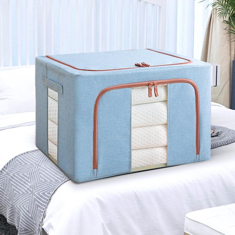 Large Capacity Foldable Storage Box, Cotton Linen Organizer with Steel Frame for Home Quilts and Clothes