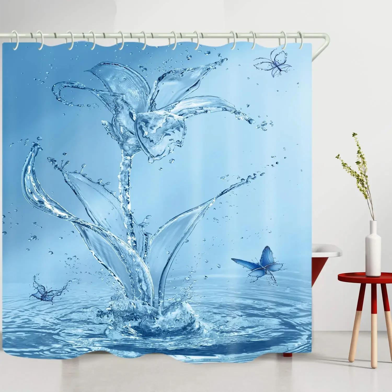 

Blue Floral Shower Curtain Watercolor Flower Bath Curtain Poester Fabric Waterplyroof Bathroom Curtains With Hooks Bath Screen W60H190(CM)-1 Pcs