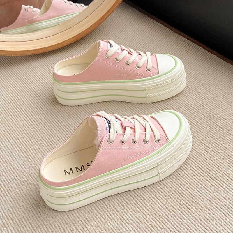 Półkapcie na grubej podeszwie na jeden pedał z płótna z główką torby damskie letnie nowe małe białe buty casualowe małe buty na platformie typu muffin