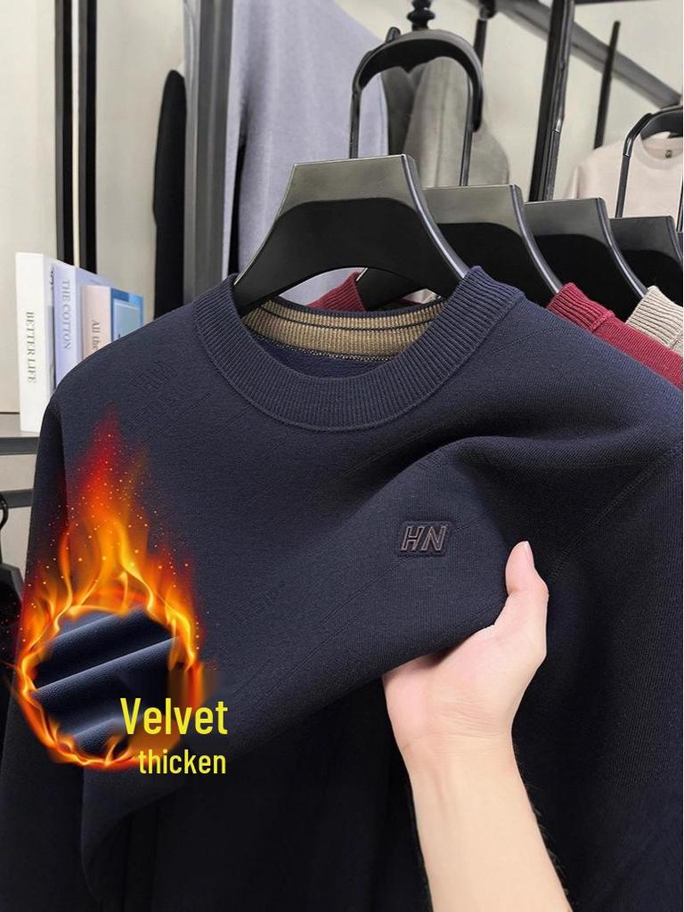 Men's Wool Knit Sweater with Fleece Lining - Thickened, Round Neck, Loose Casual Style, Warm Layer
