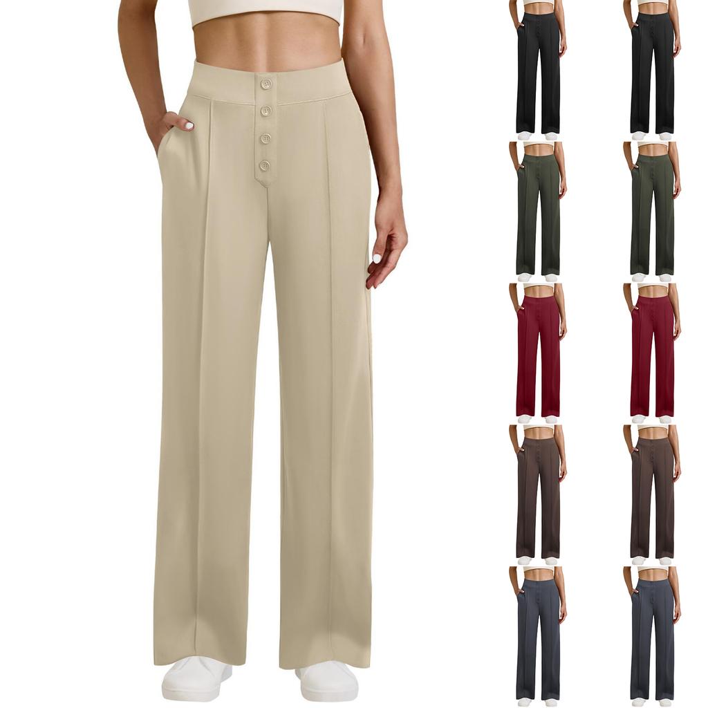 Women's Casual Straight-leg Trousers, High-waisted, Button-down, Elasticated, Wide-leg Trousers With Pockets