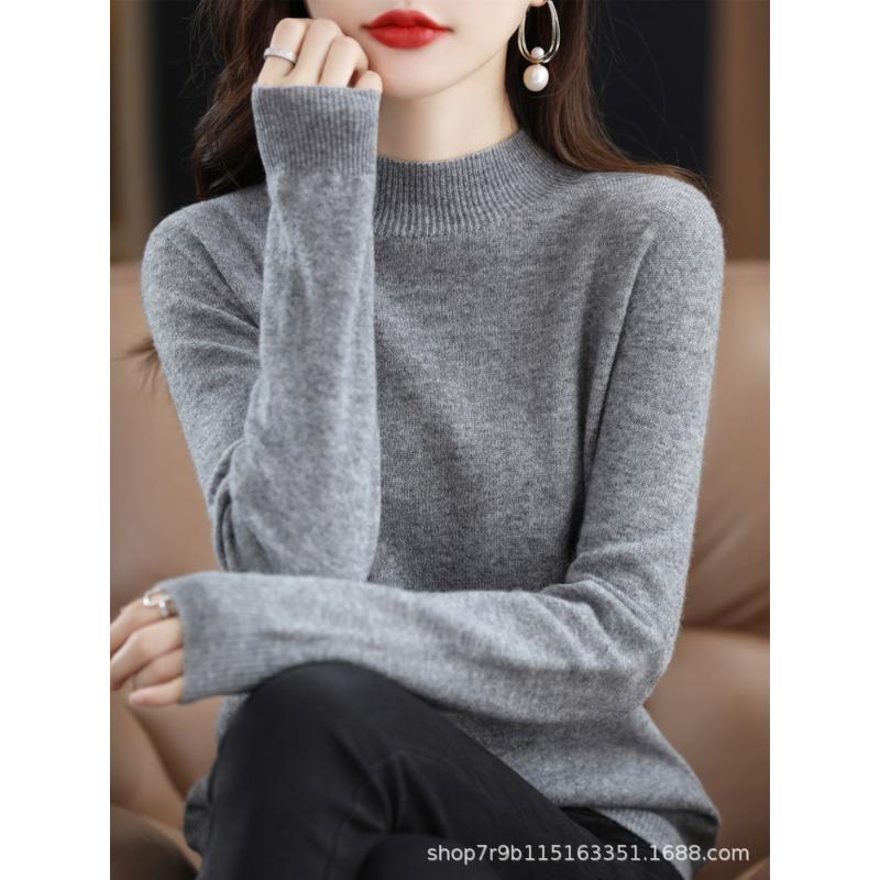Autumn and winter new pure wool sweater women's semi-turtleneck first-line ready-to-wear wool sweater knitted sweater loose and thin bottoming shirt