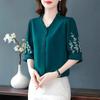 Embroidered Mid-sleeved Shirt Women's Summer Loose-fitting Belly-covering Small Shirt Western Style Chiffon Top Clothes