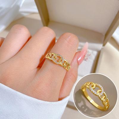 Real Gold Light Luxury Chain Full Diamond Ring Opening Adjustable Simple Jewelry Japanese Ring Couple Ring