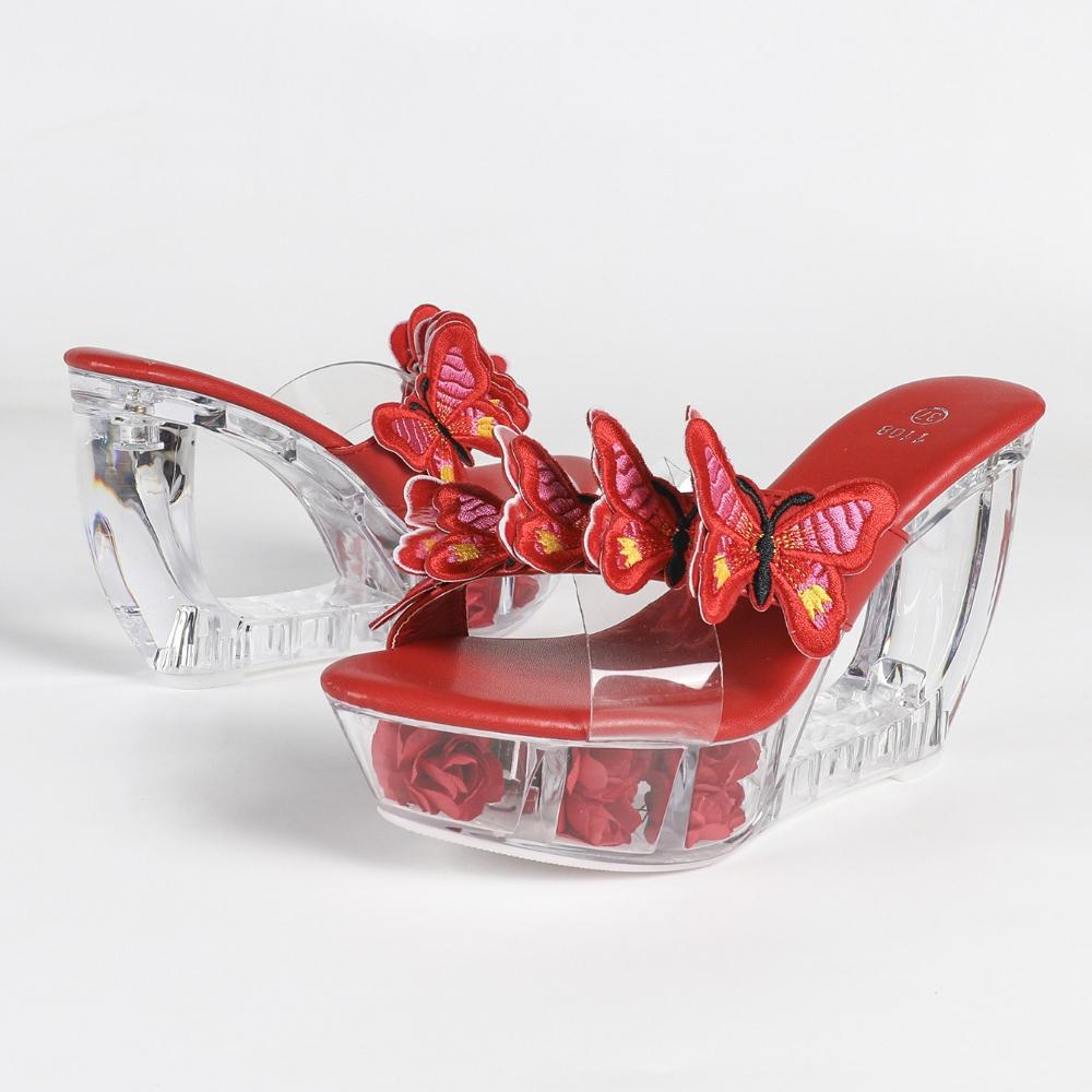 

10.5CM Transparent Special Wedge Slippers, Crystal Platform Open Toe Slides, Sexy Nightclub Shoes LFD-1108WG-H44 43 червоний