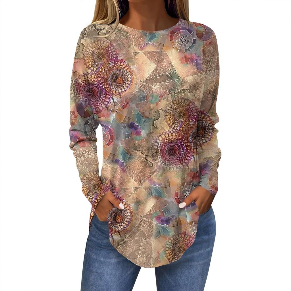 Camiseta de mujer con estampado de hojas en 3D, manga larga, cuello redondo, estilo clásico, ideal para vacaciones, fines de semana, primavera y otoño.