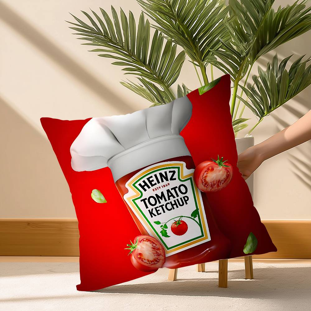 Funny H-heinzS Ketchup Label Pillow Case Soft Plush Fabric Double Sided Print Decorative Home Living Room Gift Cushion