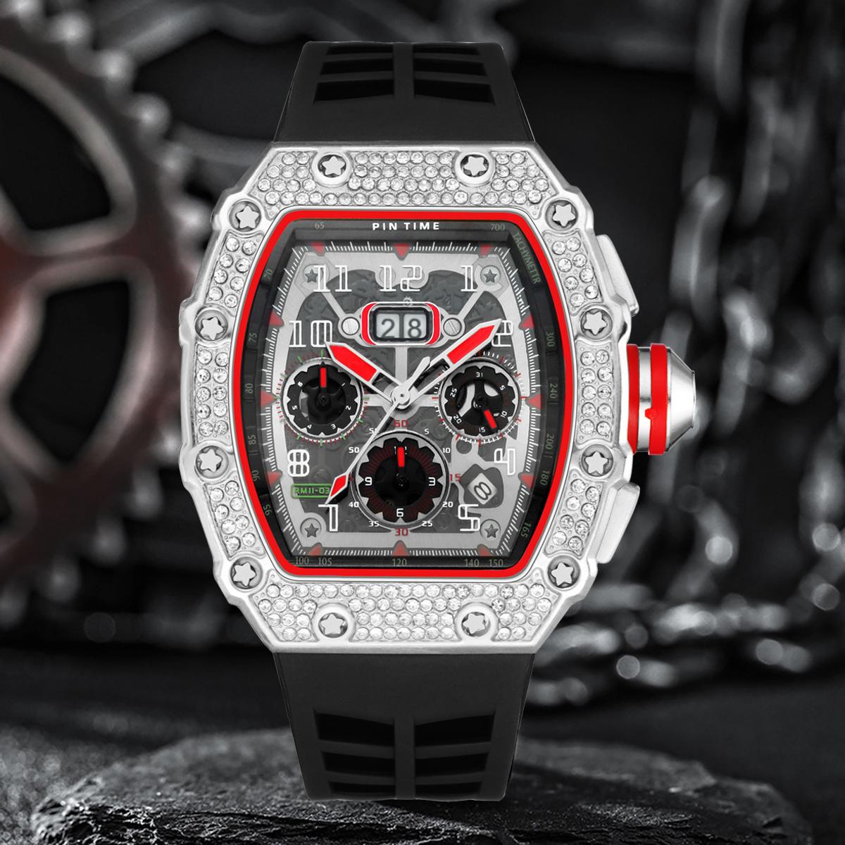 Повседневные модные мужские часы с металлическим корпусом типа «тонно» и бриллиантовым безелем, хронографом, силиконовым ремешком, светящимися кварцевыми наручными часами серебряный