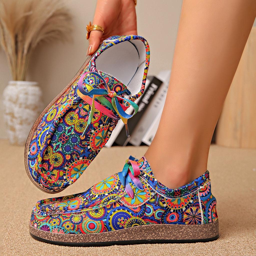 Spring Autumn Women's Cloth Shoes Ethnic Colorful Printed Canvas Shoes Female Fashion Flat Platform Casual Shoes Moc-Toe Loafers