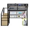 Metall-Hochbett 140 × 200 cm, Mit Schreibtisch, Regal und Netz, Komplett mit Sicherheitsleiter, LED-Beleuchtung und Steckdose, Erhöhte Bettreling, Schwarz