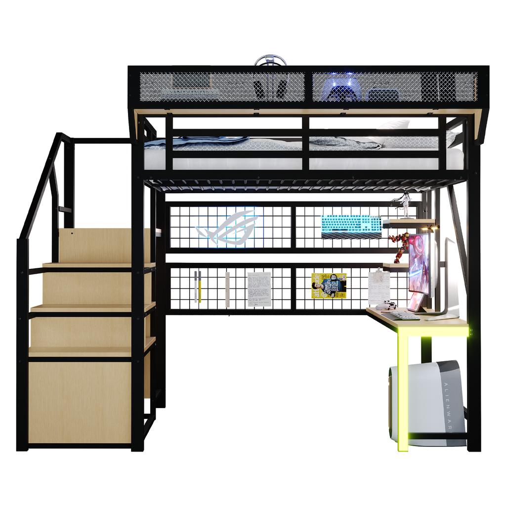 Metall-Hochbett 140 × 200 cm, Mit Schreibtisch, Regal und Netz, Komplett mit Sicherheitsleiter, LED-Beleuchtung und Steckdose, Erhöhte Bettreling, Schwarz