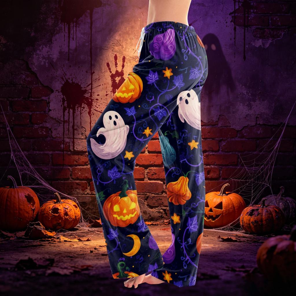 Women’s Drawstring Halloween Printed Long Pants Loose Fit Elastic Waistband Casual Trousers for Daily Wear Outdoor Home