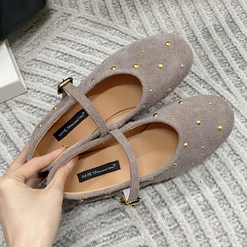 New Metal Rivets Mary Janes Women Comfort Soft Bottom Round Toe Flat Casual Shoes Elegant Slingback Brand Ballet Shoe for Ladies