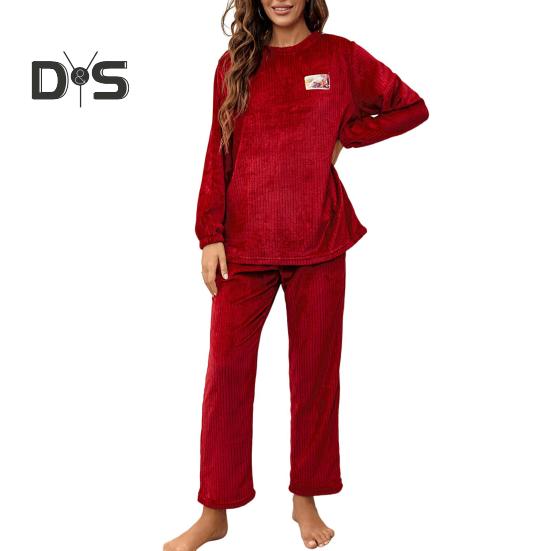 

2 шт./комплект осень-зима женская пижама костюм круглый вырез длинный рукав фланелевый топ толстые свободные эластичные брюки на талии пижамы повседневная домашняя одежда одежда M вино красного